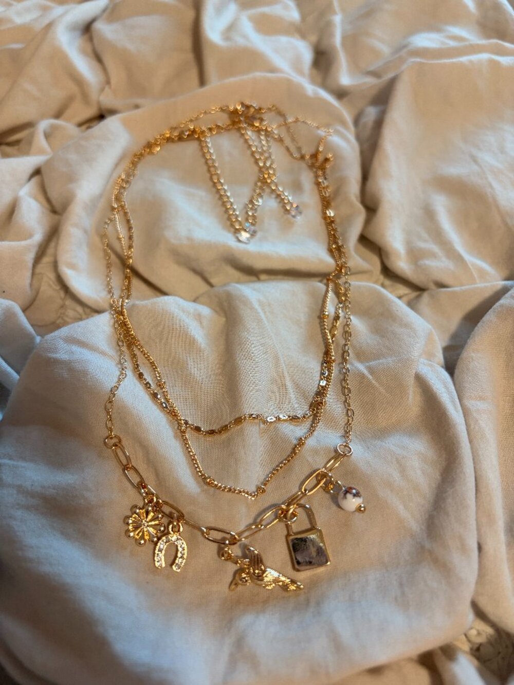 Free People Cottagecore Layered Charm Necklace Gold Horseshoe Bird Lock